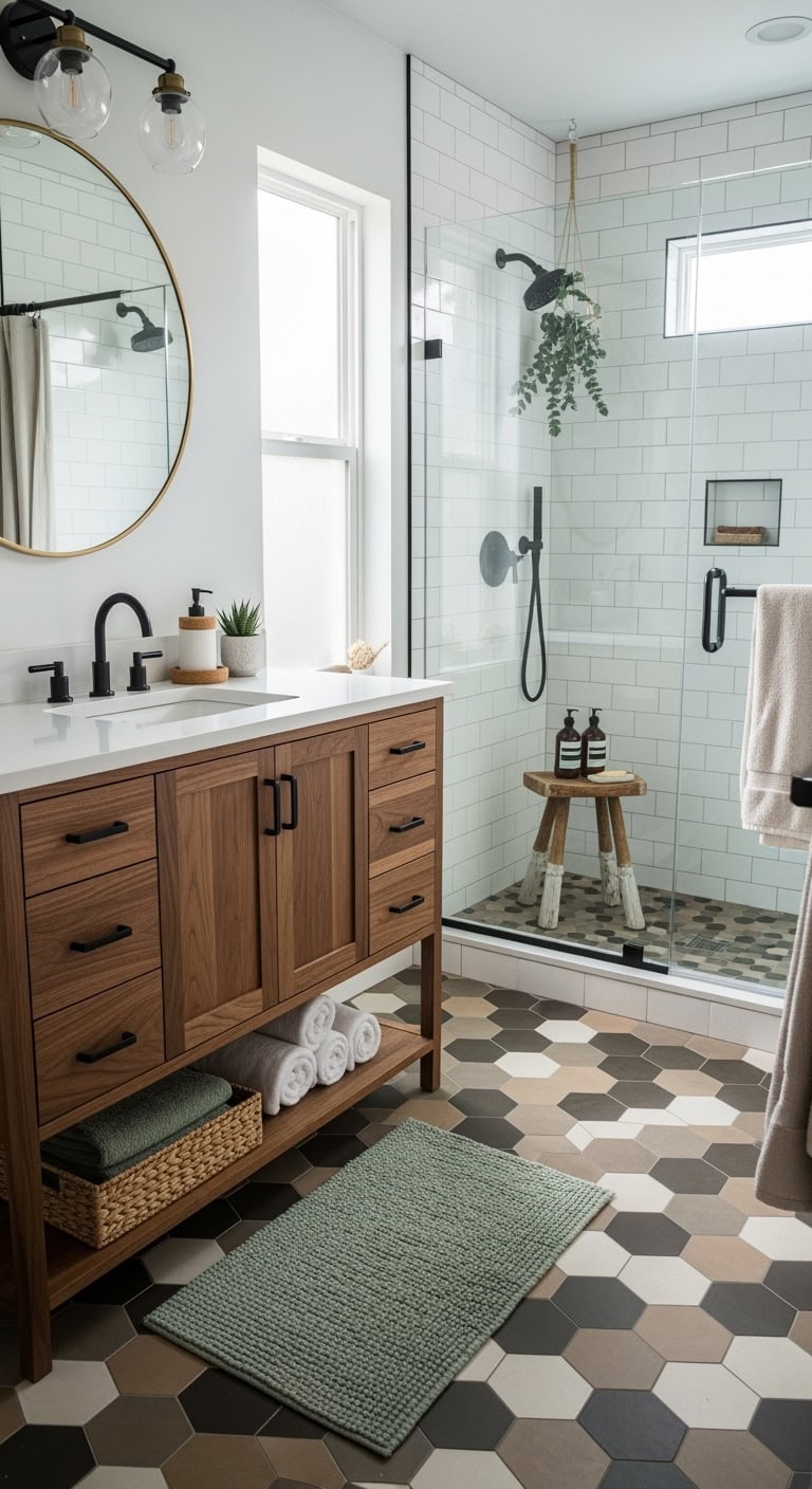 trendy coffee stained geometric bathroom design