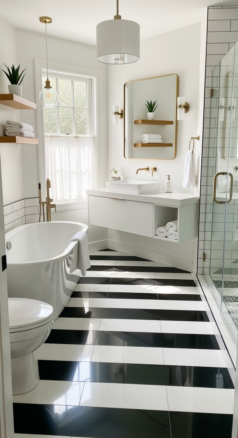 visually stretching bathroom floor illusion