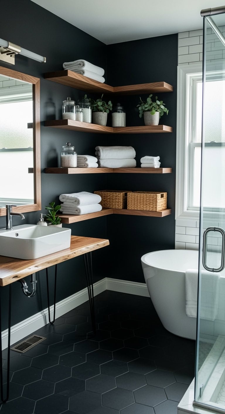 warm textured open bathroom shelving