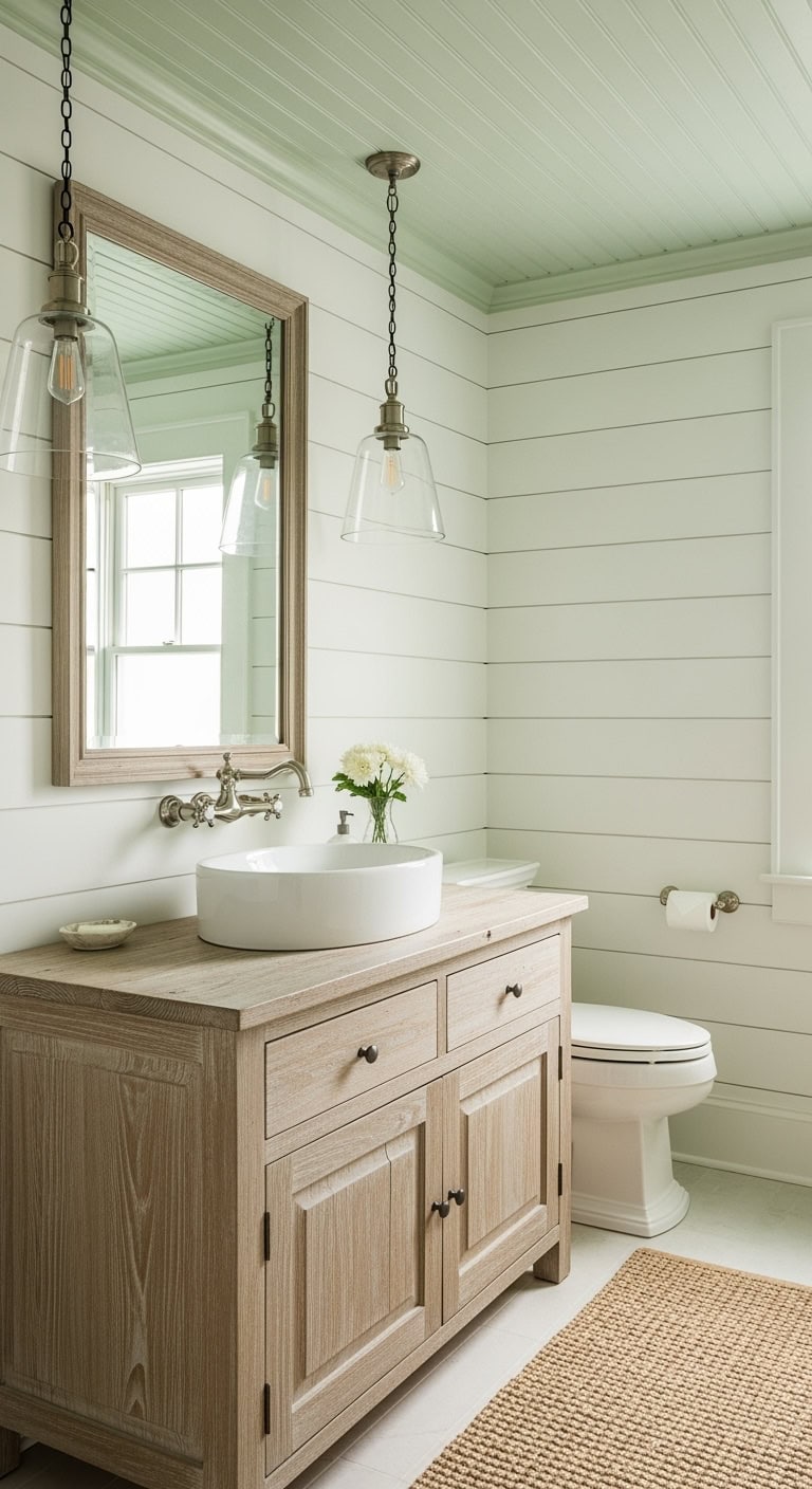 bathrooms featuring unique light green