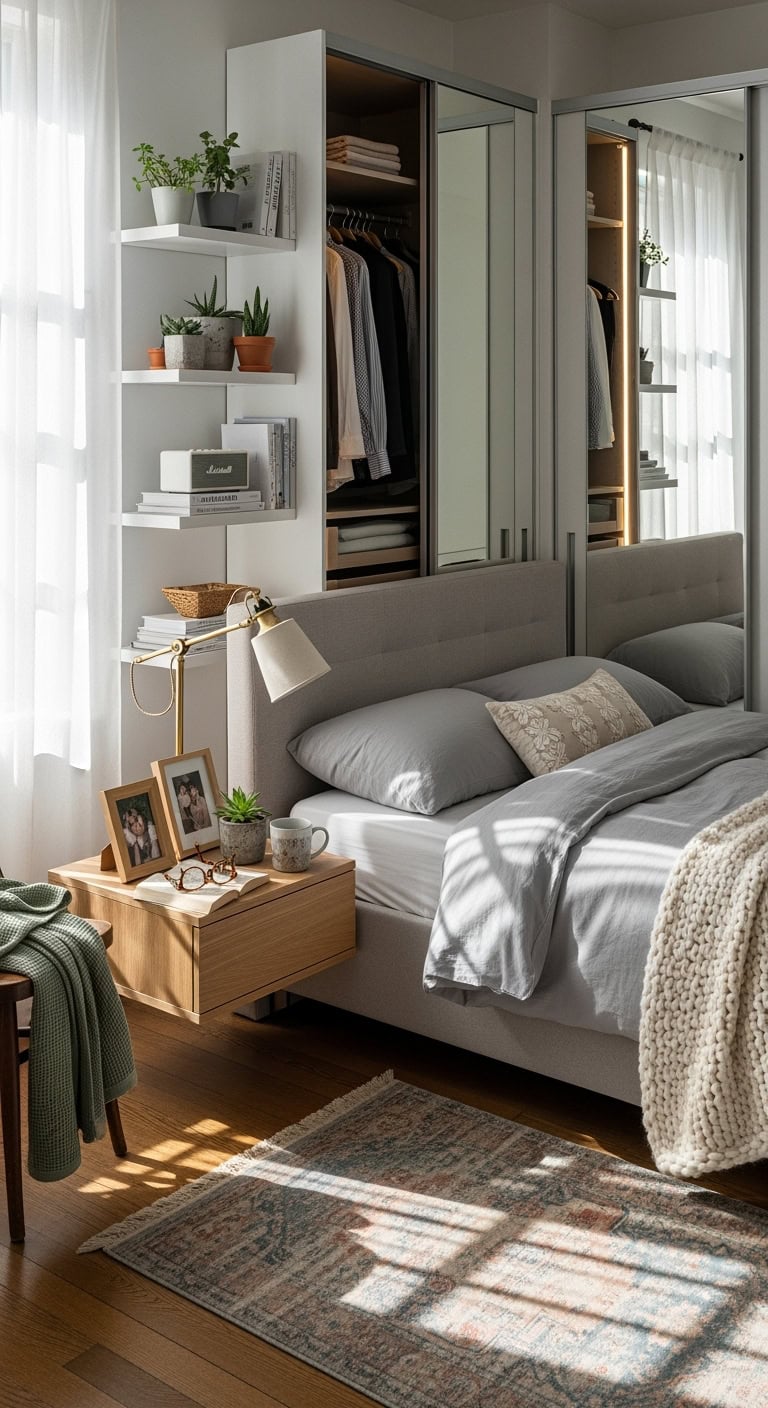 compact bedroom storage solution behind bed