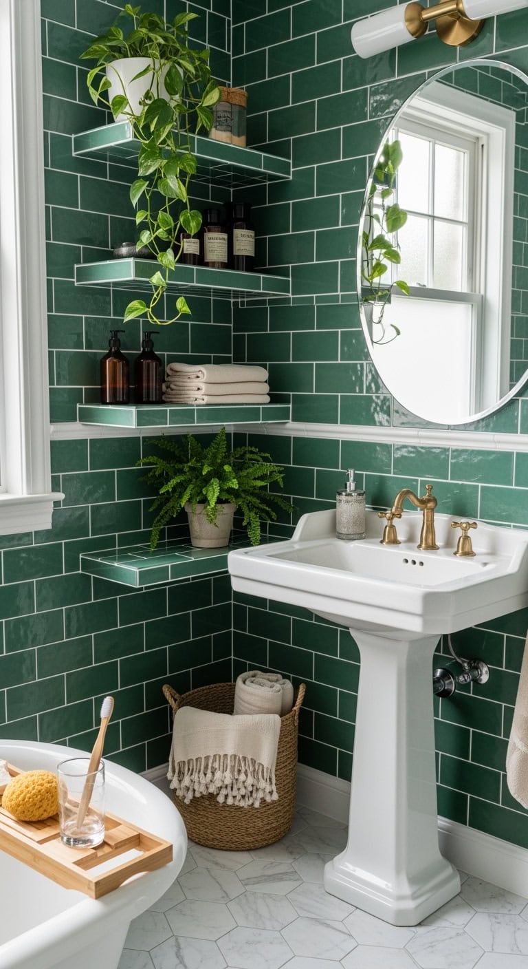floating green tile shelves
