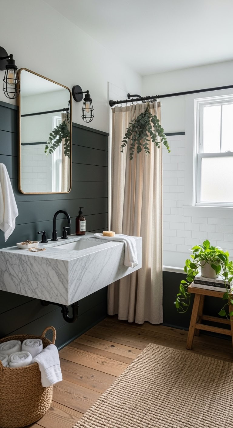 moody cottage inspired green shiplap bathroom