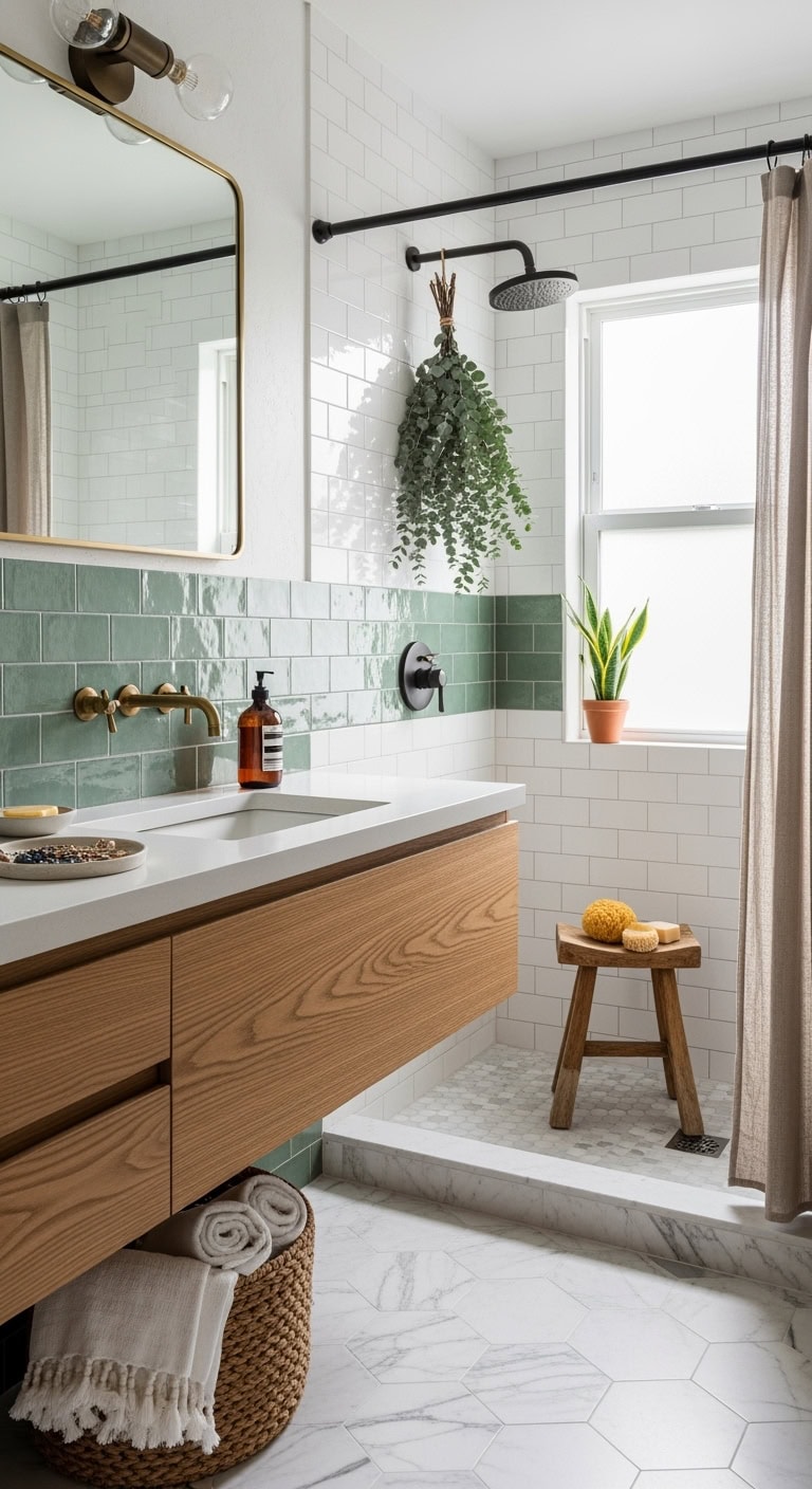 soothing earthy vintage meets modern bathroom retreat