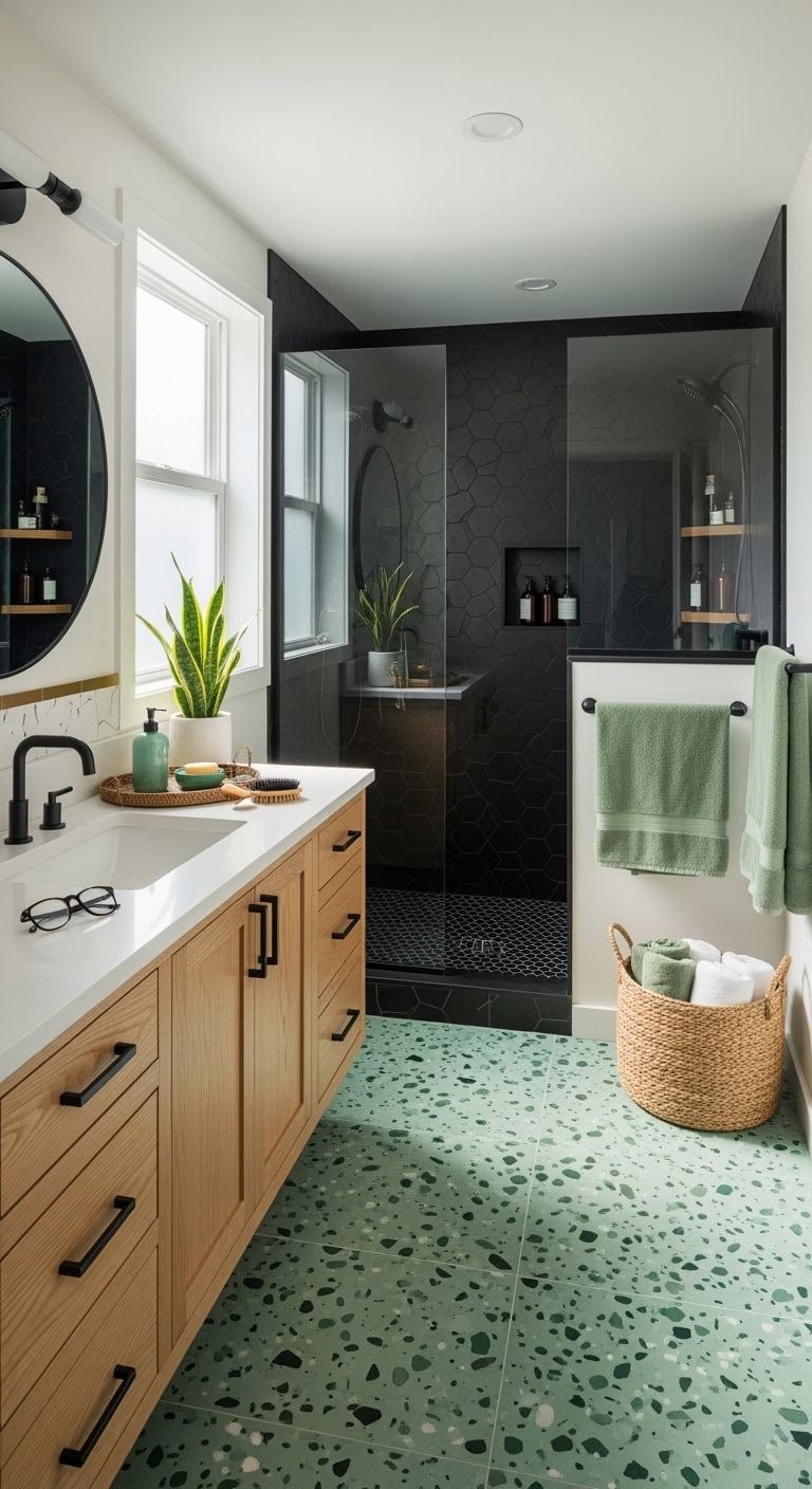 sophisticated retro cool green terrazzo bathroom