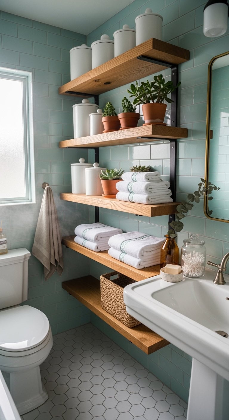 spa inspired natural wood bathroom shelves
