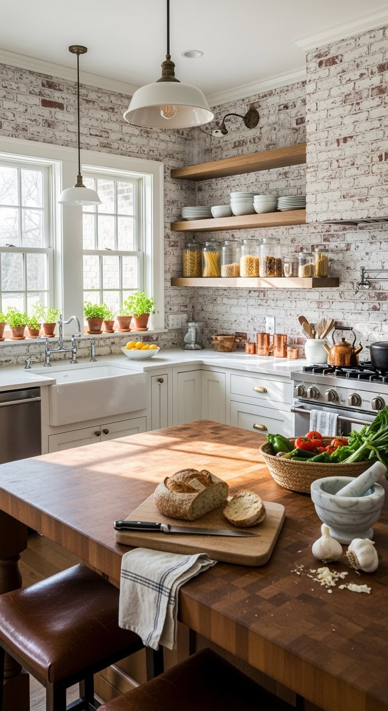 textured bright farmhouse chic whitewashed brick feature