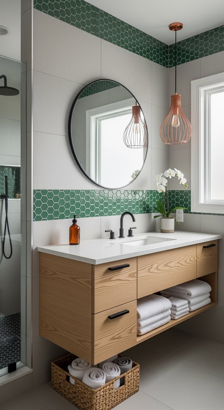 unexpected impactful geometric jade bathroom trim