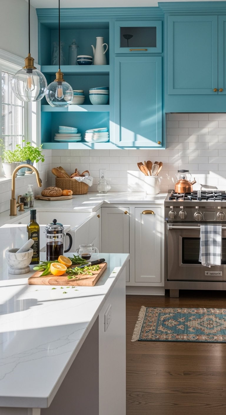 vibrant two tone turquoise kitchen cabinets