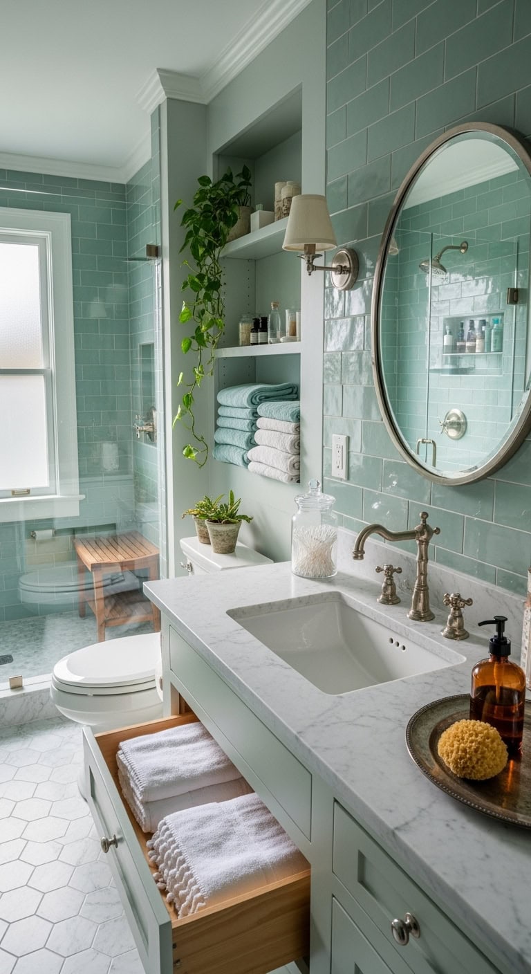 vintage charm for seafoam bathroom