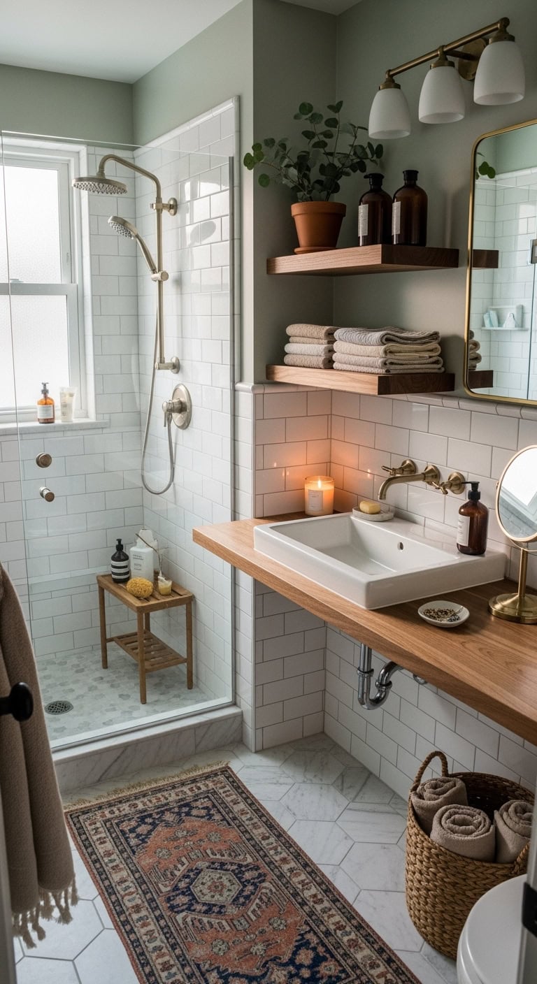 warm chic functional bathroom shelving