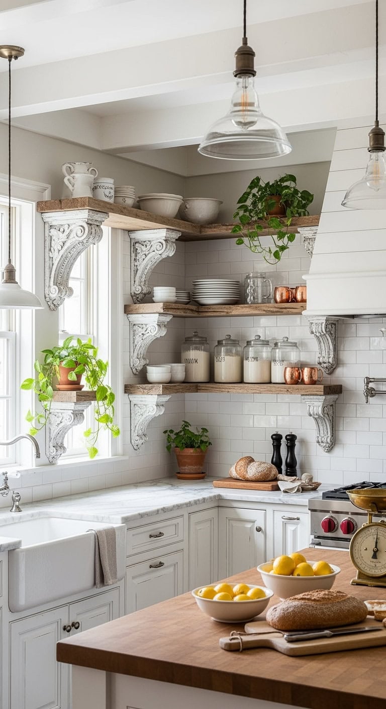 weathered white corbel brackets highlight kitchen