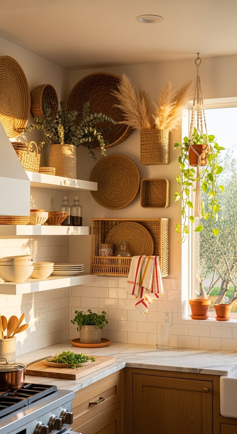 boho chic layered woven basket storage