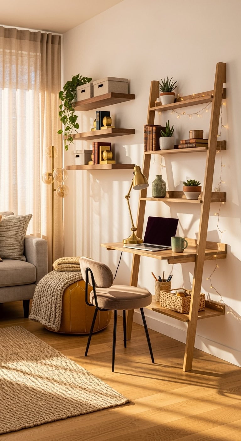 compact minimalist vertical storage ladder desk