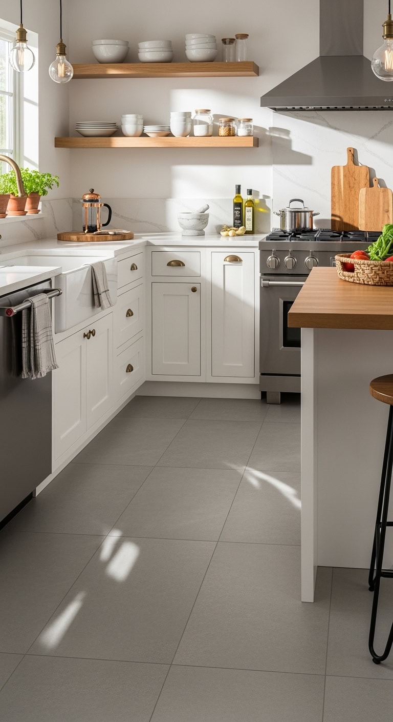 concrete look porcelain floors elevate shaker kitchen
