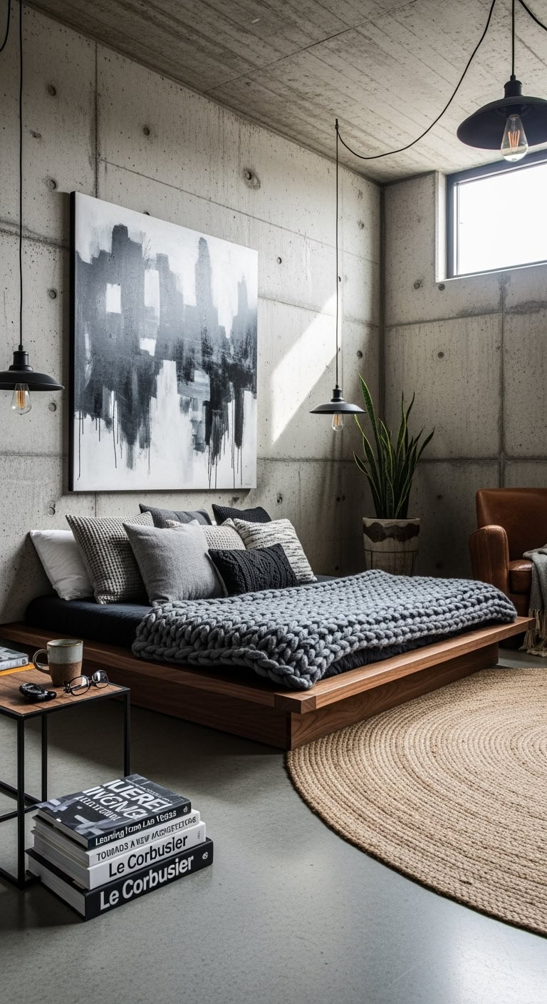 concrete minimalist industrial cozy