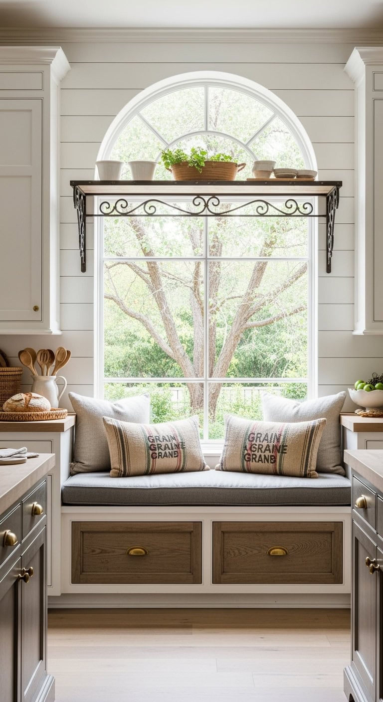 cozy functional farmhouse inspired window seat