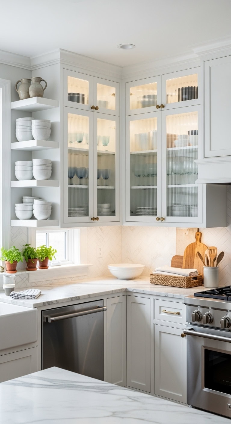 curated dishware showcase with glass inserts