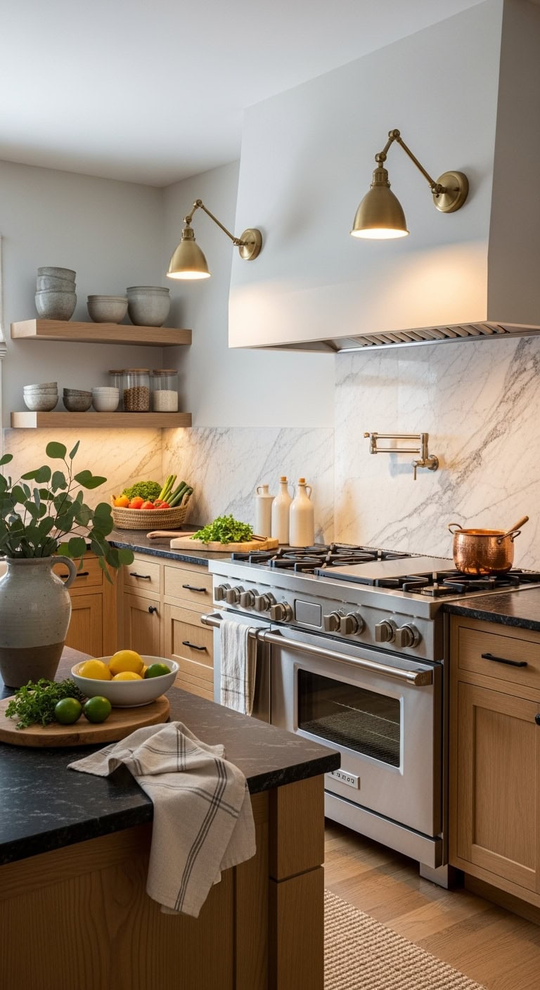 dimmable brass sconces enhance kitchen ambience
