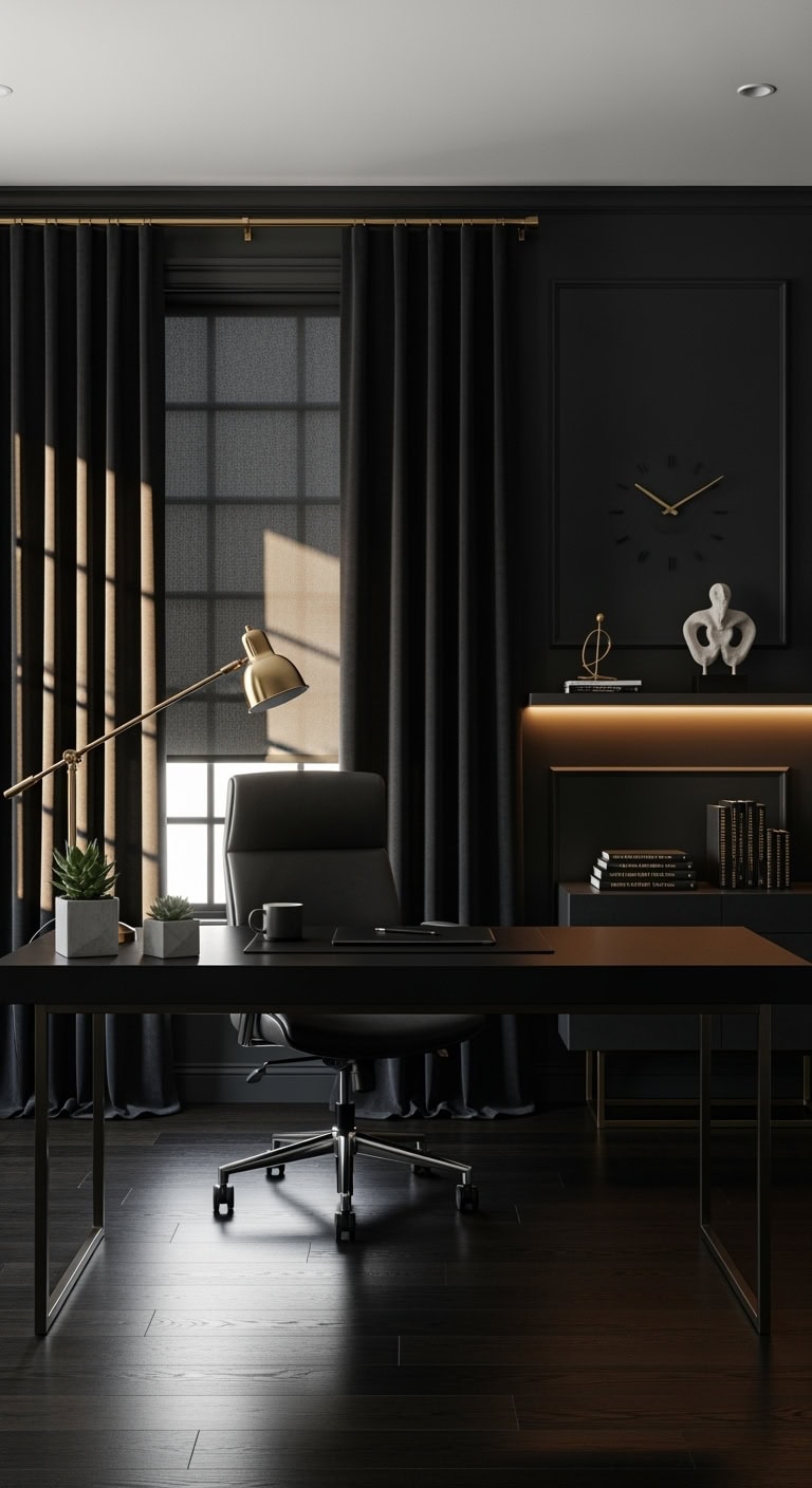 dramatic blackout home office ambiance