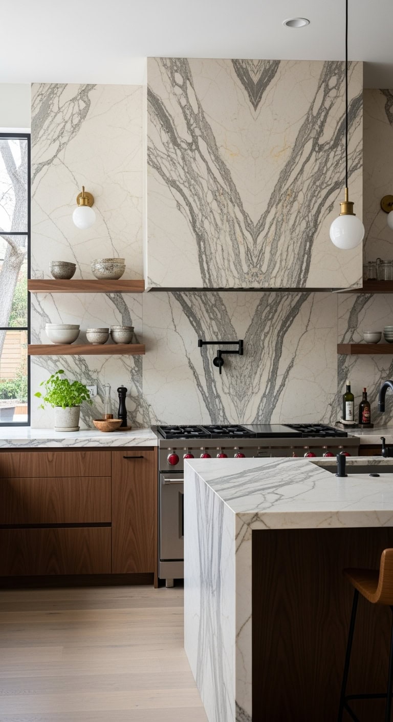 dramatic contrasting textural harmonious backsplash feature