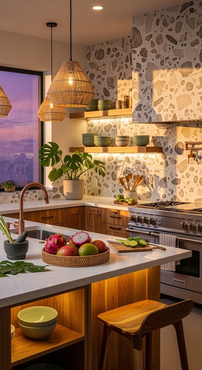 earthy textured stone backsplash highlights kitchen