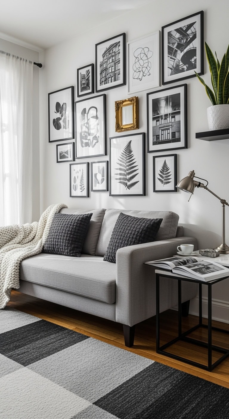 elegant monochromatic gallery wall display