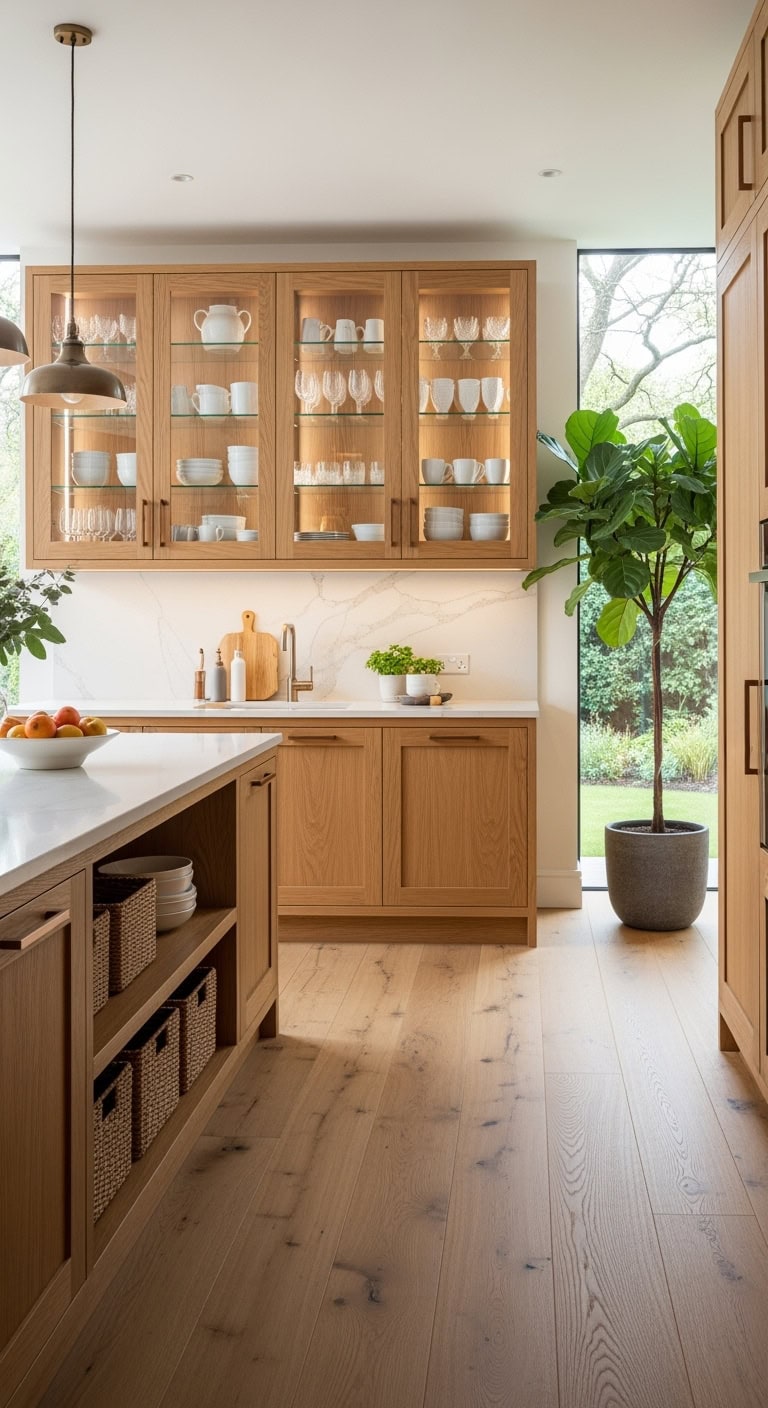 elegant open natural wood cabinetry