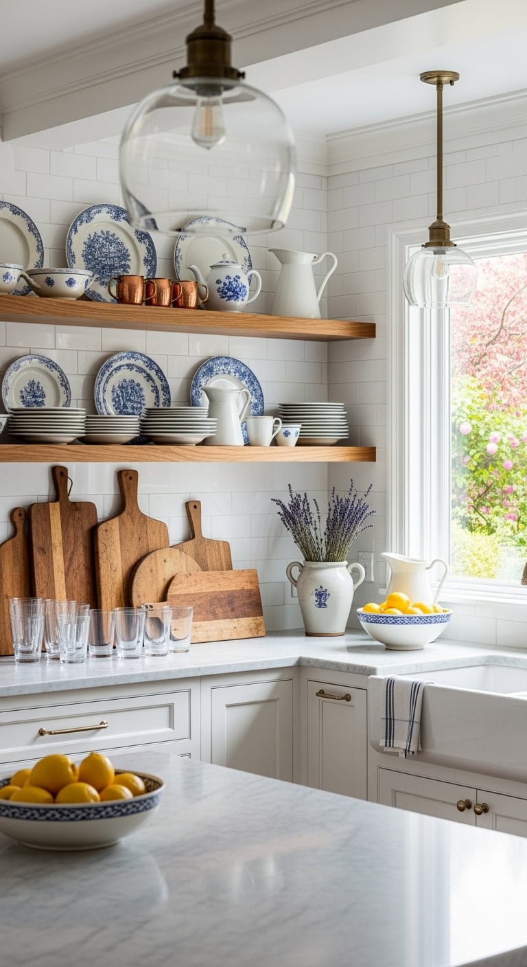 elegant vintage kitchen open shelving display