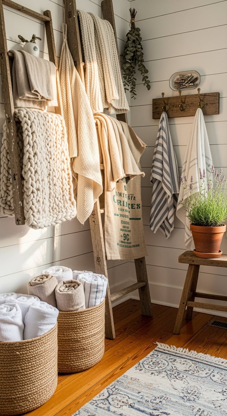 farmhouse inspired towel ladder display