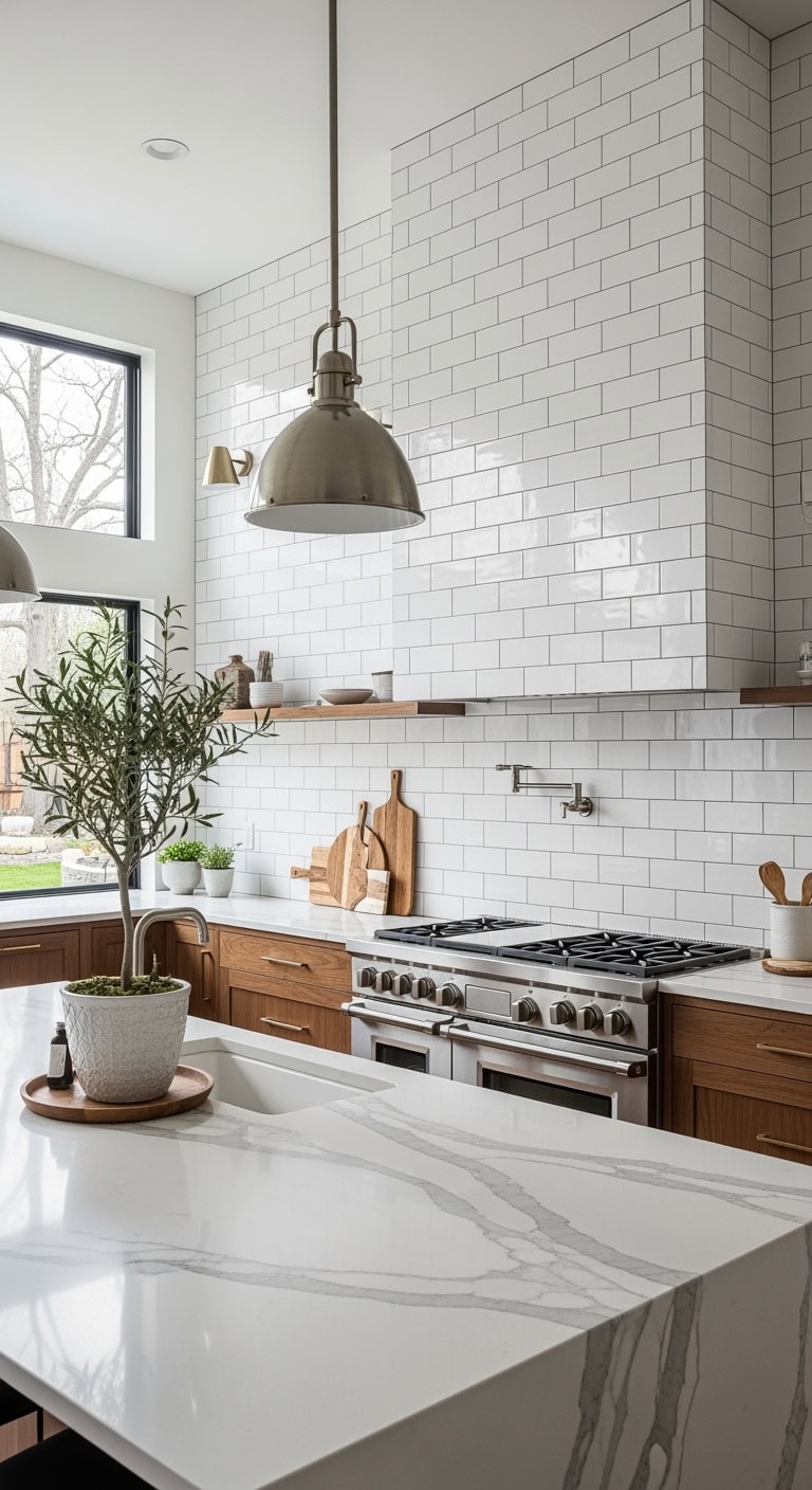 glossy white subway tile backsplash drama