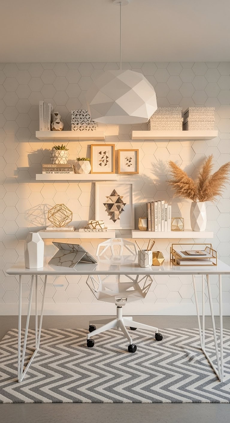 harmonized geometric white office sanctuary
