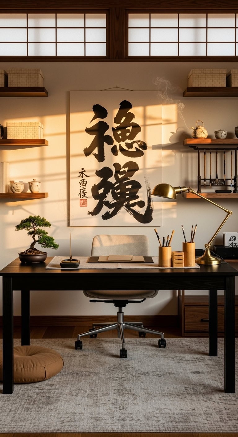 meditative japanese office calligraphic workspace