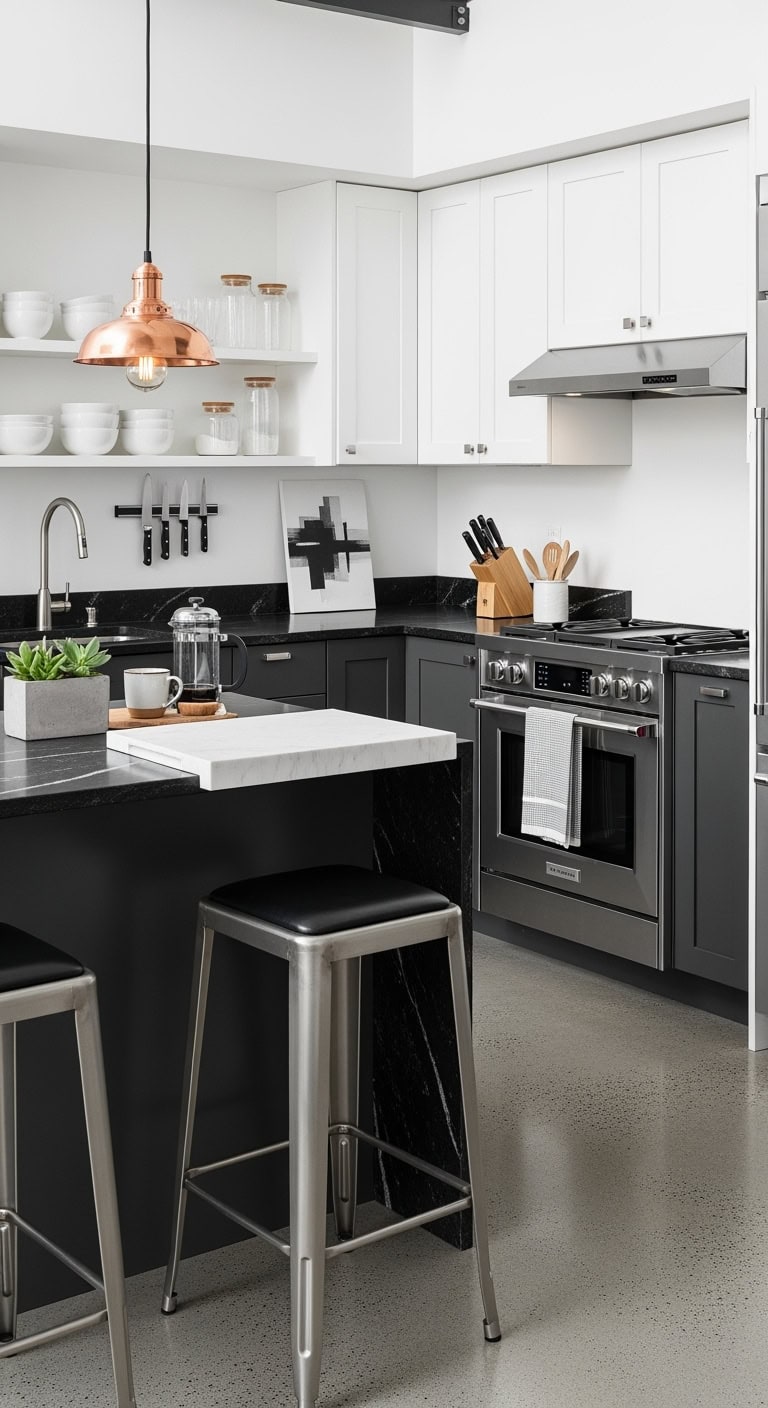 minimalist monochrome metallic multitextural kitchen
