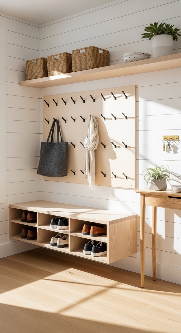 minimalist organized functional scandinavian mudroom