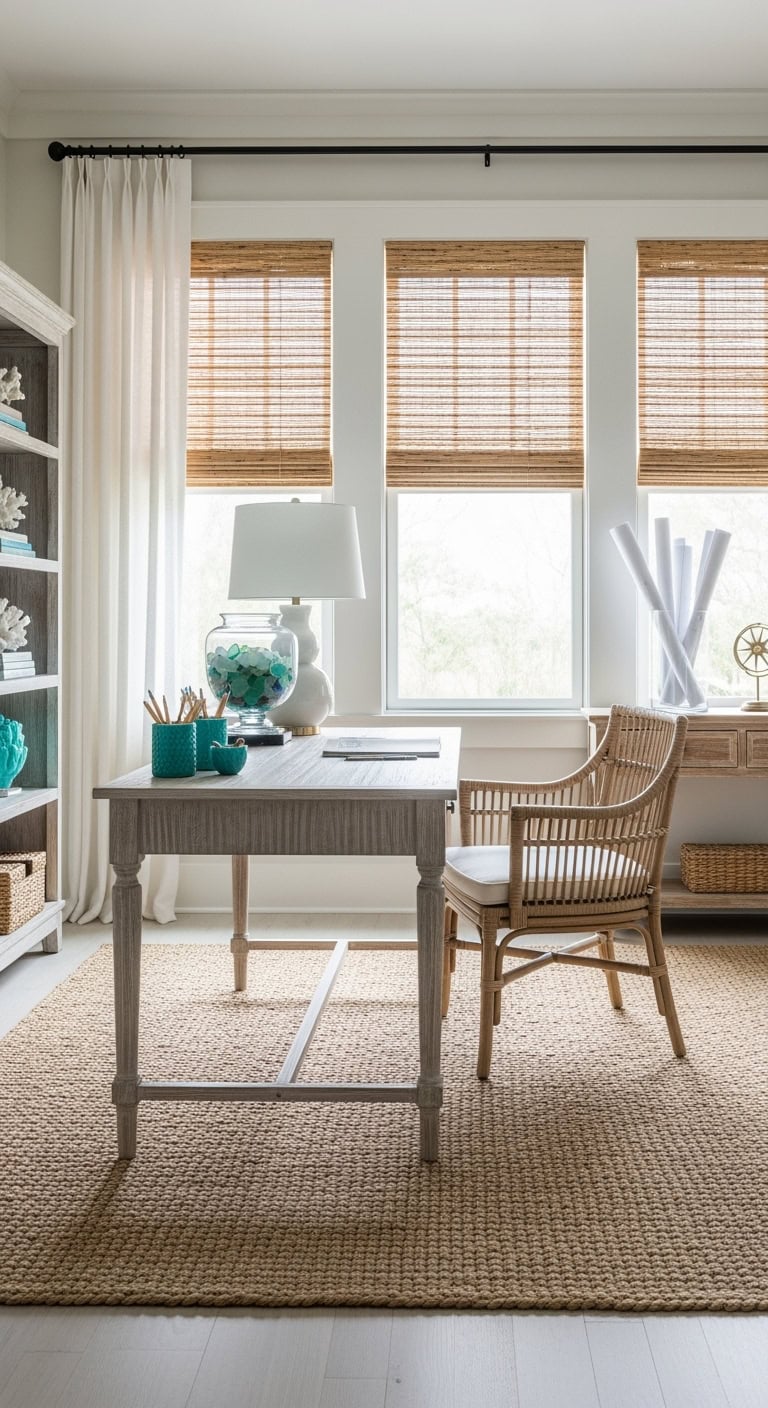 relaxed coastal office with bamboo accents