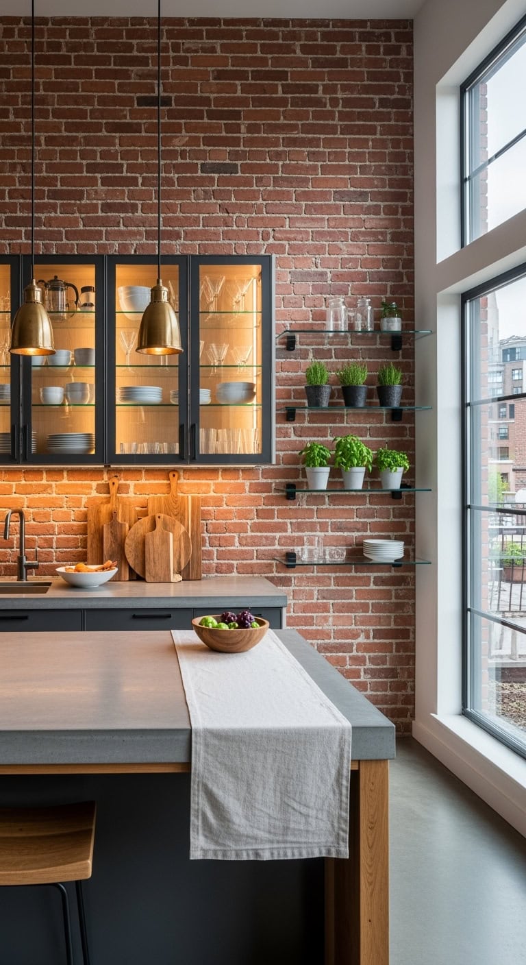rustic brick meets sleek cabinetry