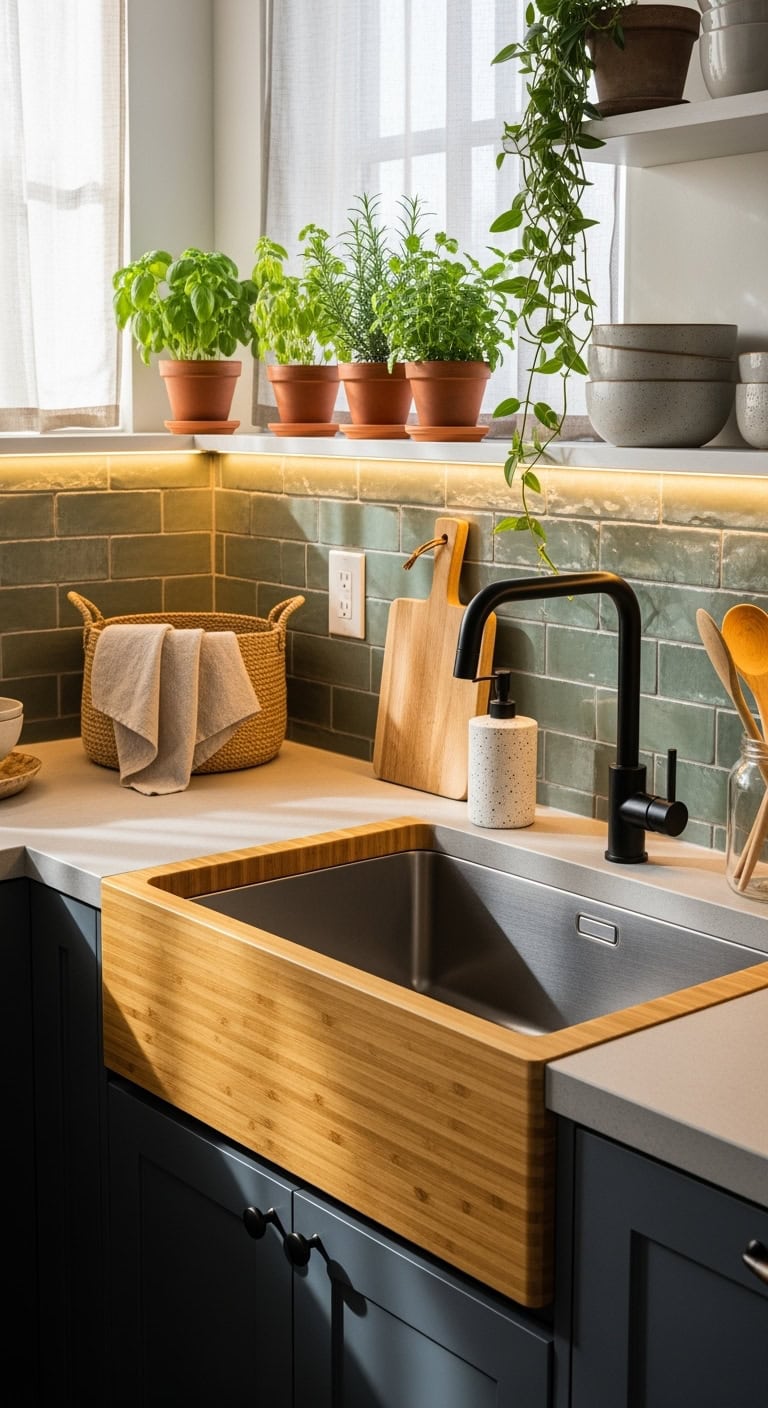 serene sustainable contrasting tranquil kitchen