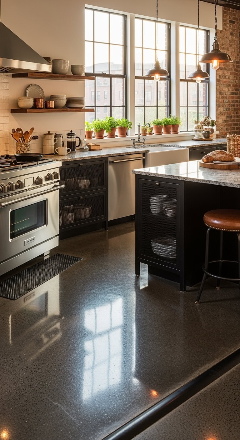 sleek industrial transformative contrasting concrete flooring