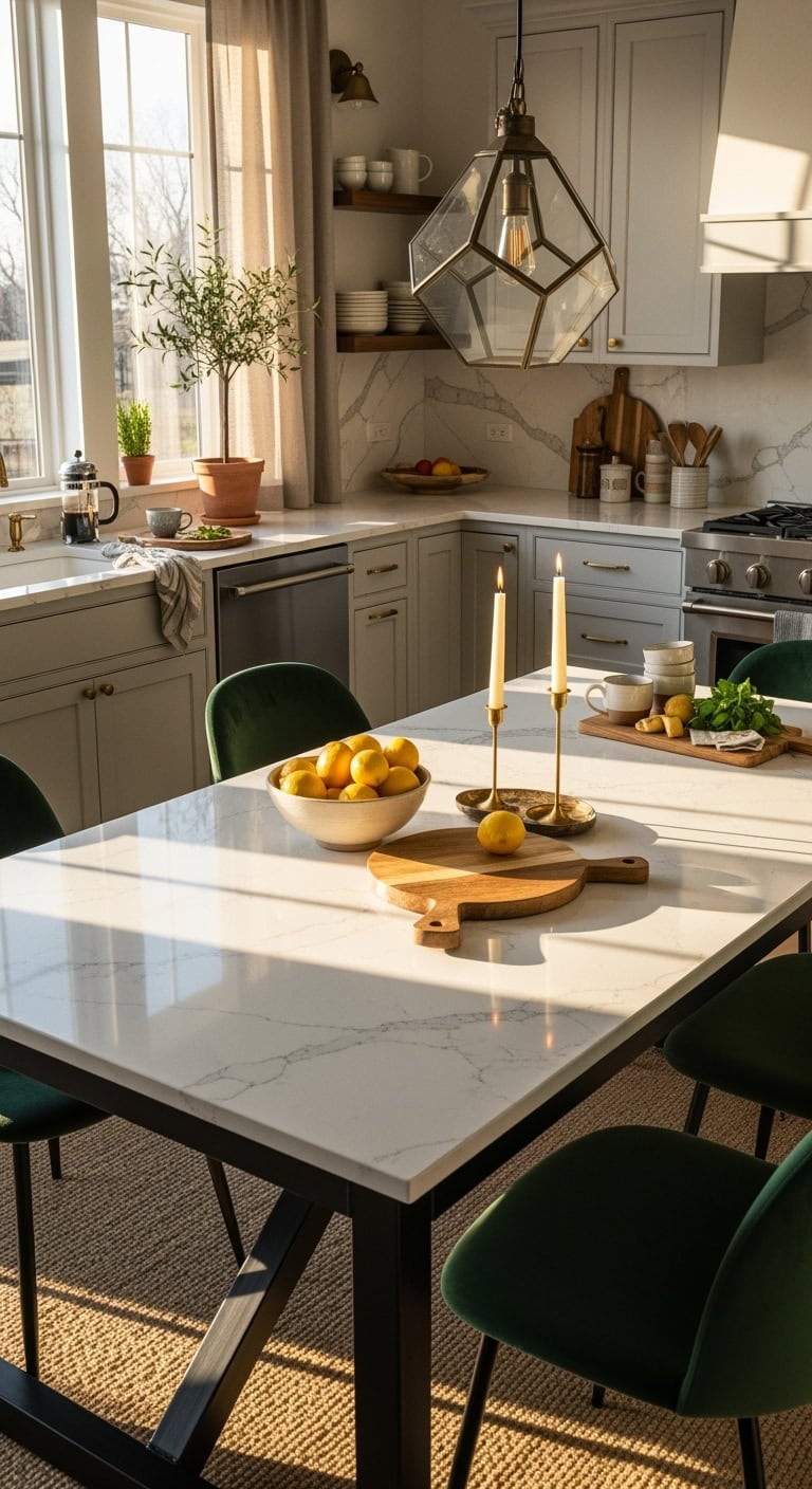 sleek quartz topped industrial chic dining