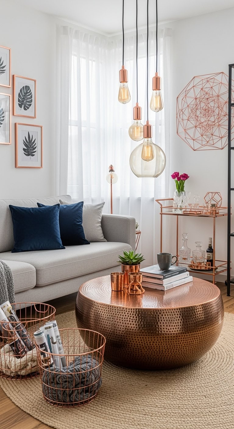 sophisticated copper accents elevate tiny spaces
