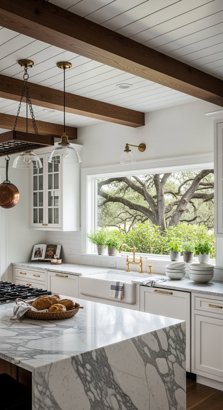 sophisticated farmhouse beams enhance bright ceilings