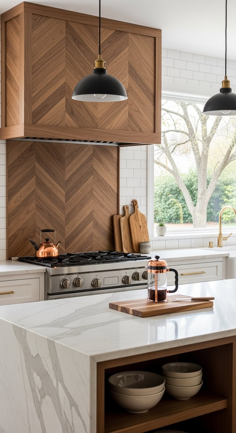 sophisticated herringbone wood panel installation