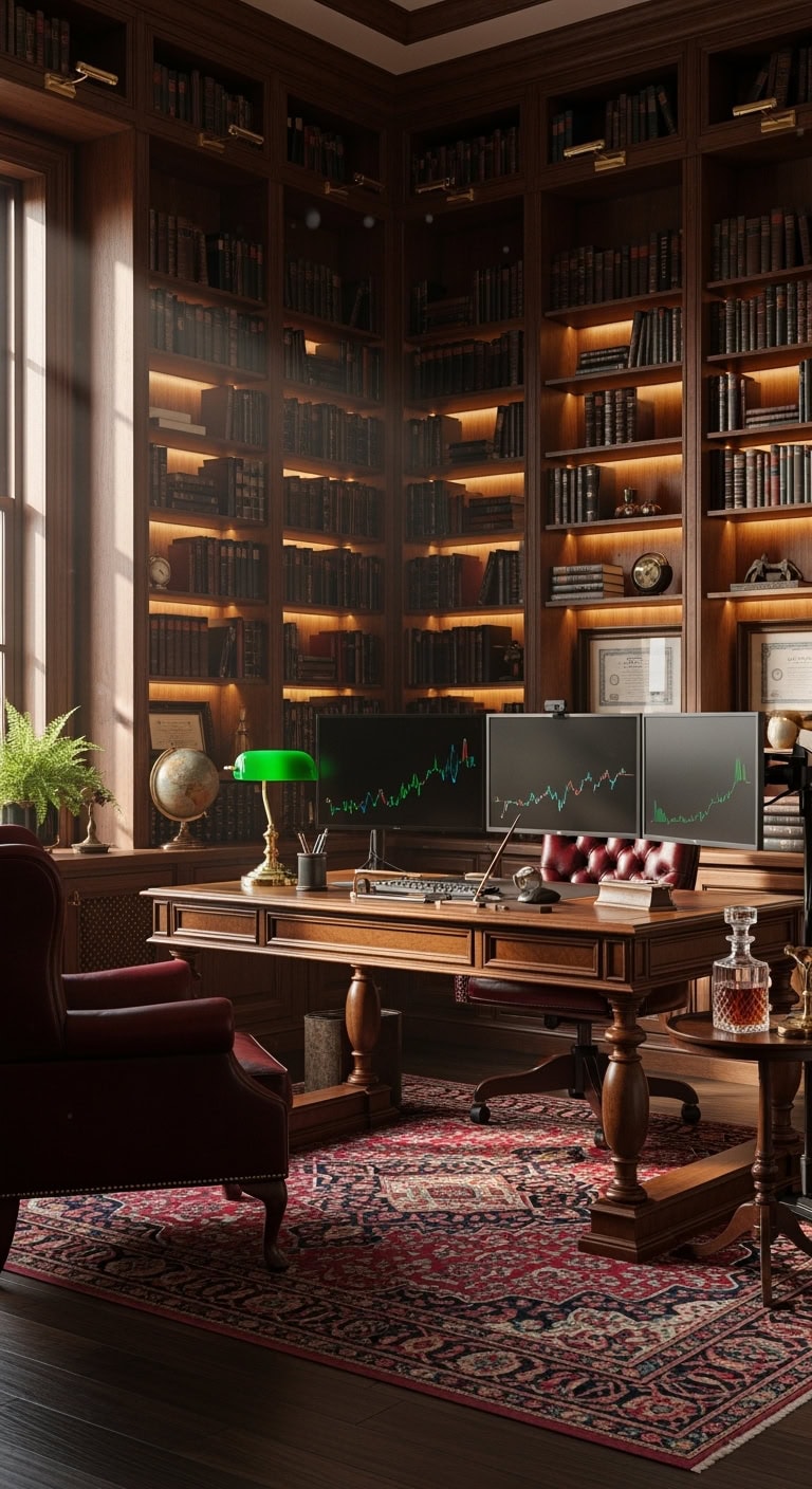 sophisticated moody old money confident trading den