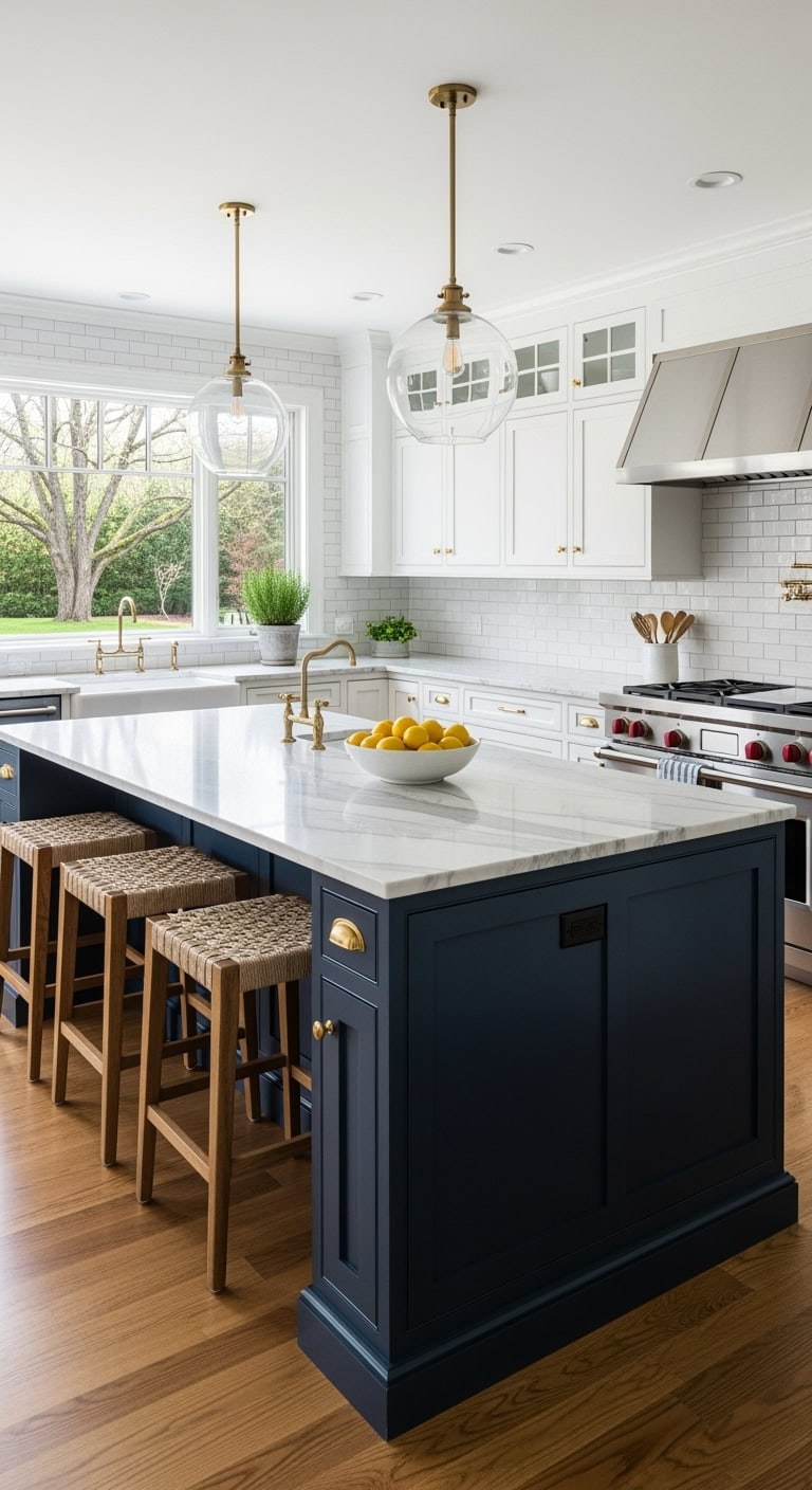sophisticated navy blue kitchen island centerpiece