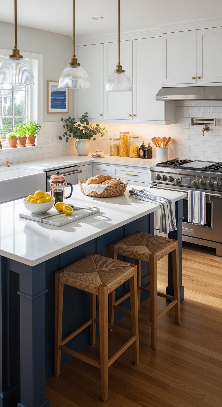 sophisticated navy island kitchen design