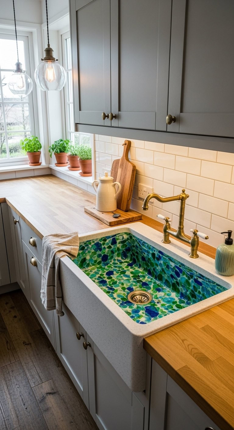 sparkling recycled glass composite sink feature