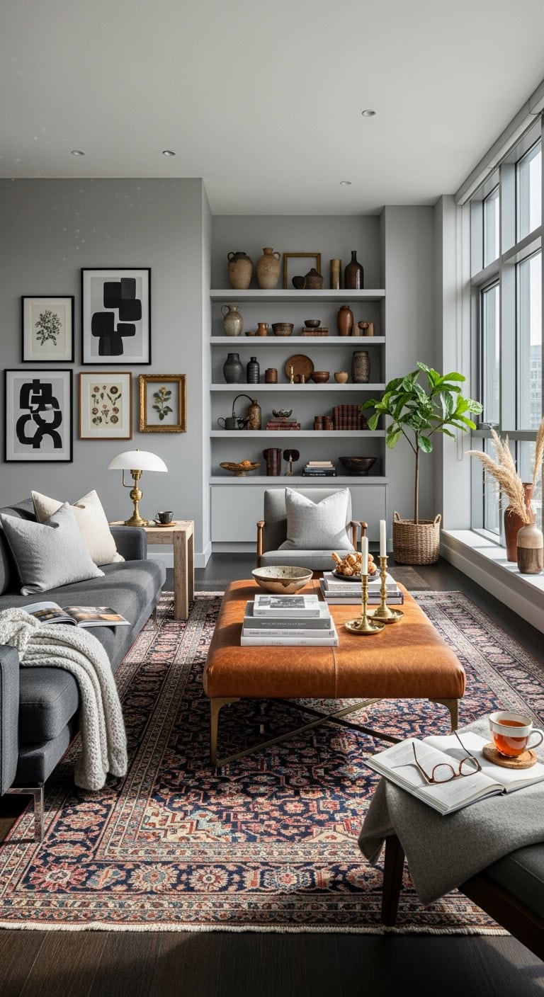 time traveling grey living room