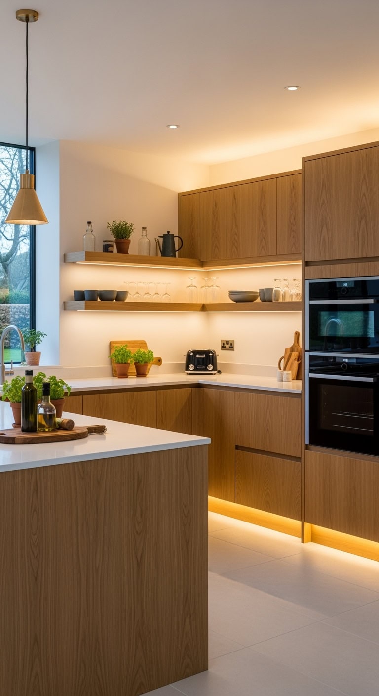 warm glowing ambient dimmable oak lighting