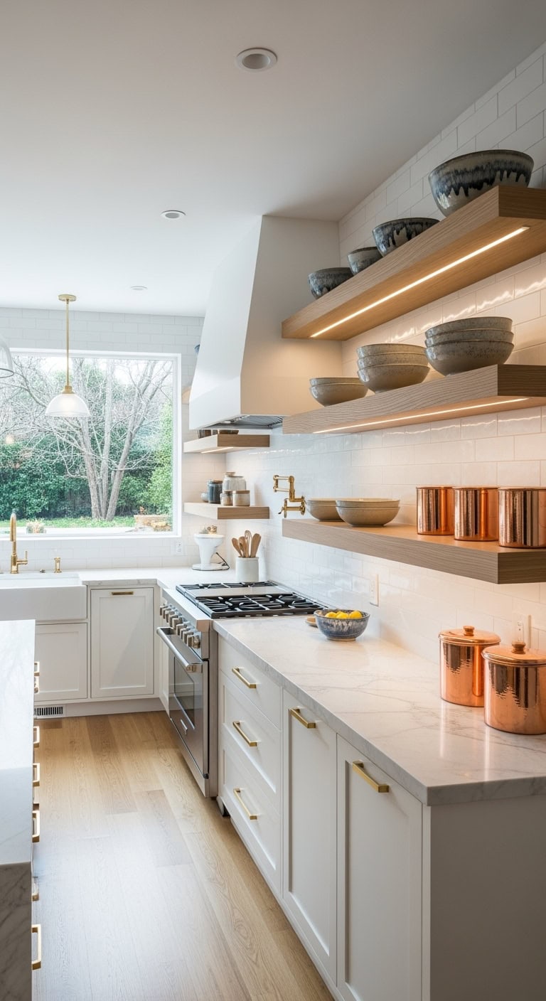 warm minimalist sophisticated kitchen floating shelves